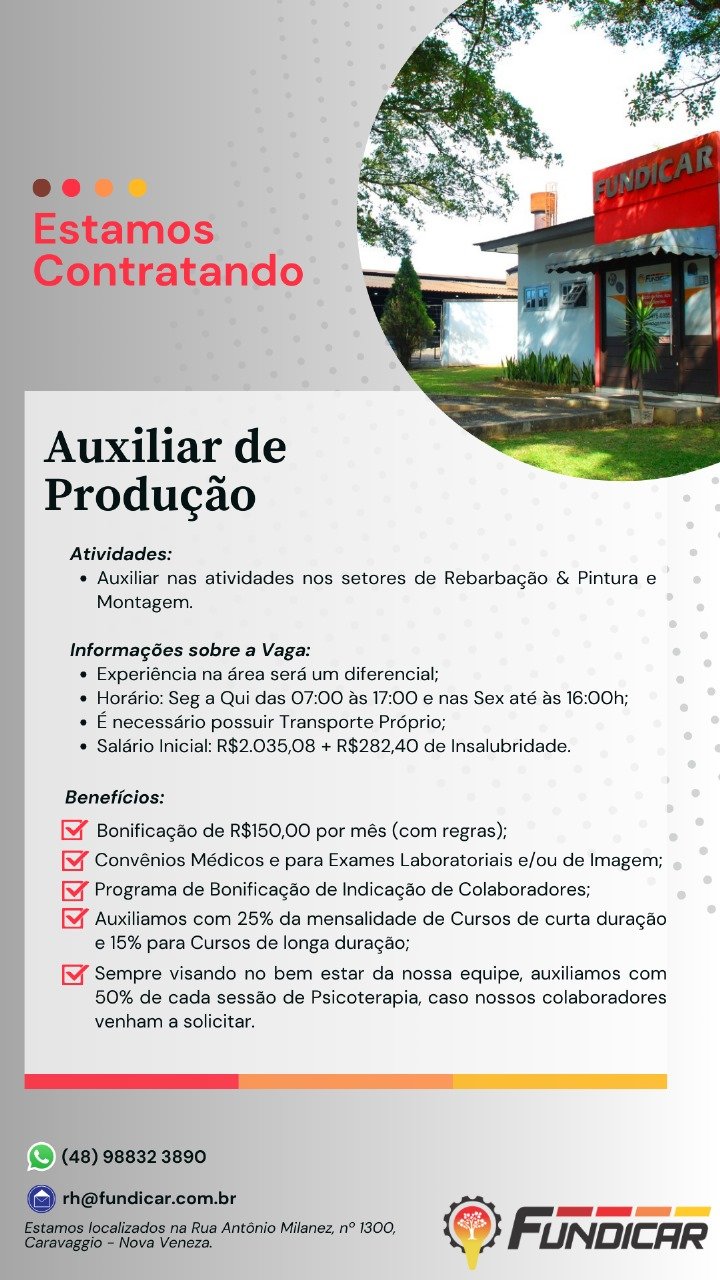 Vaga para auxiliar de produção em Nova Veneza